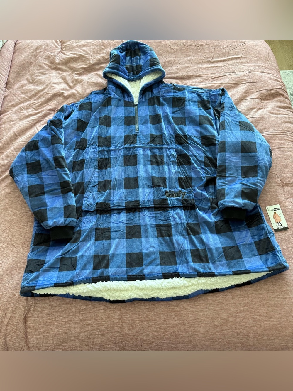 THE COMFY Original | Oversized Sherpa Wearable Blanket Hoodie| Blue Plaid